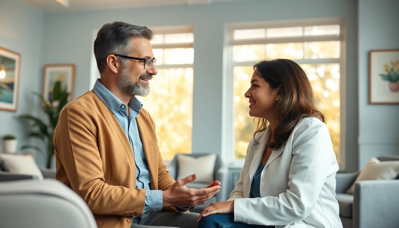 Engaging scene of the best psychiatrist in dubai consulting in a warm, inviting office.
