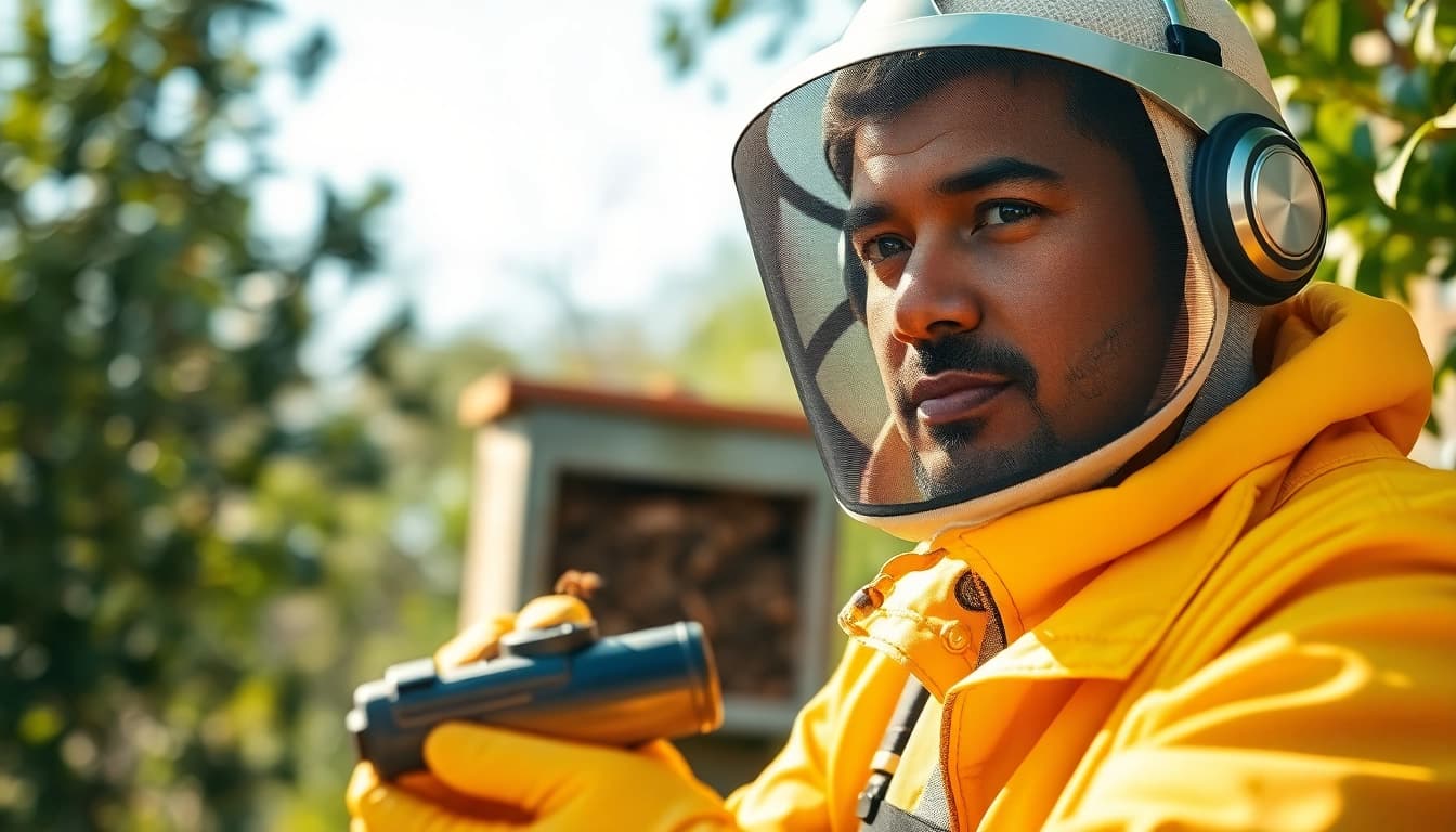 Technician conducting honey bee removal services with safety gear and hive in background.