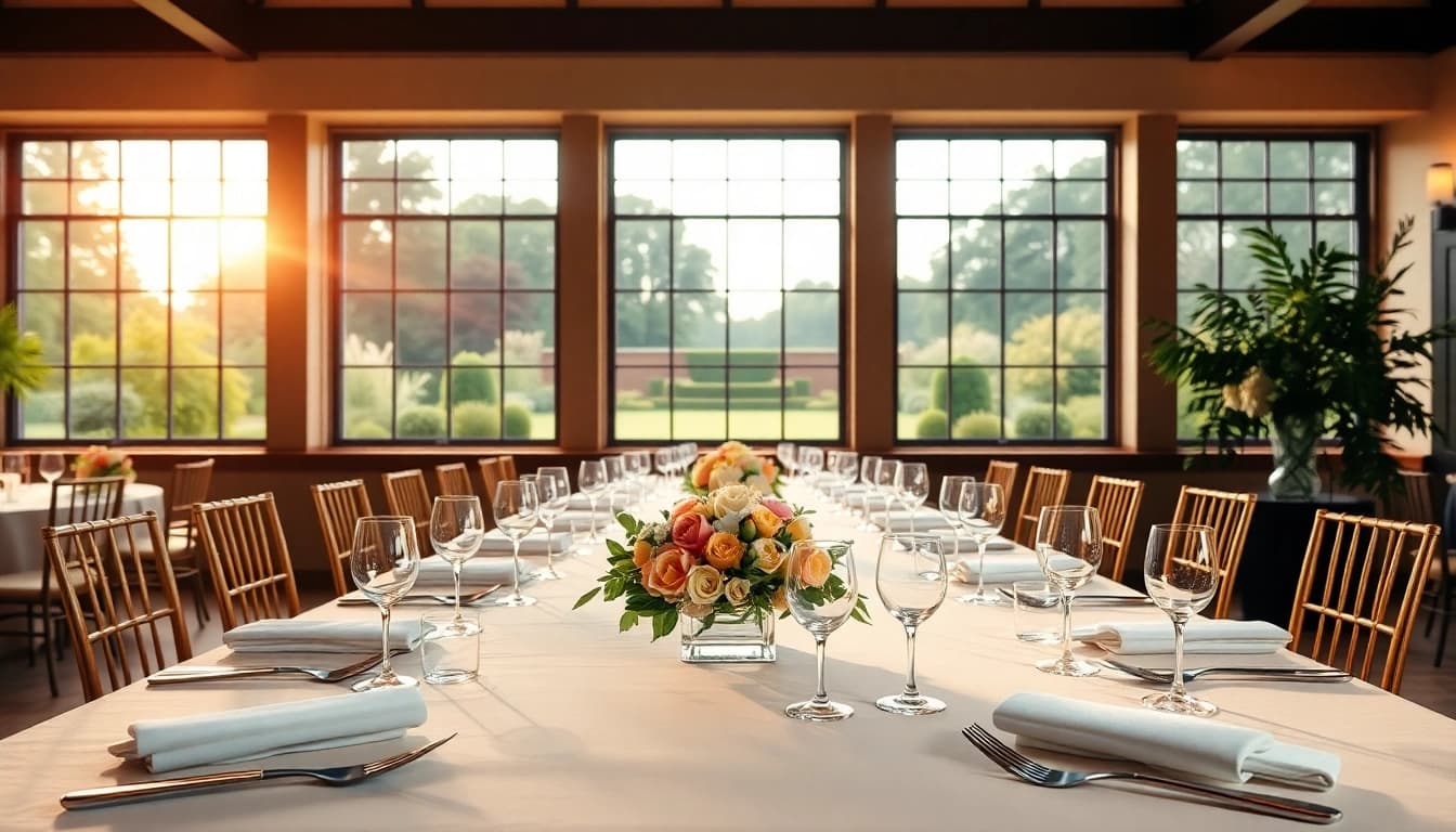 Stowe Venue Hire showcasing a beautifully arranged banquet table with floral centerpieces.