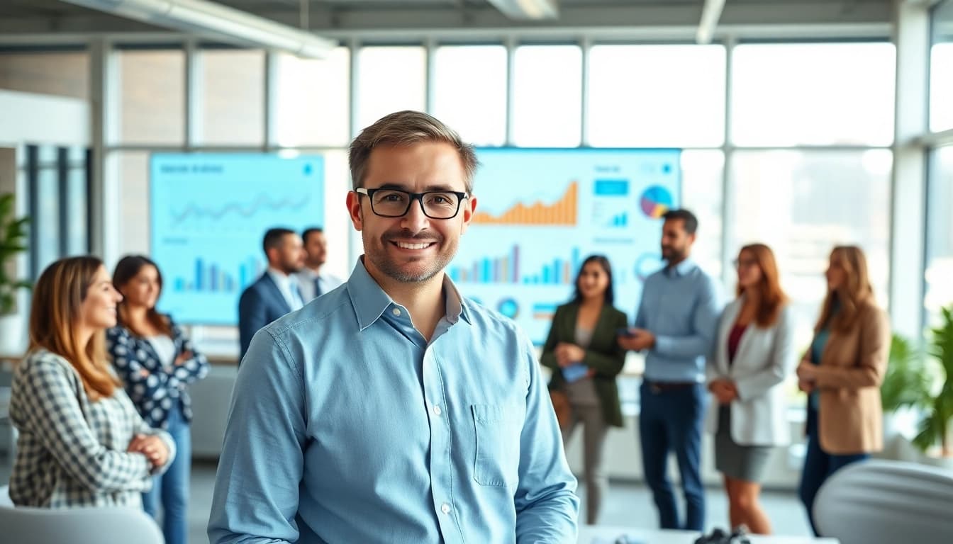 Engaging real estate agent assisting clients in a modern office environment.