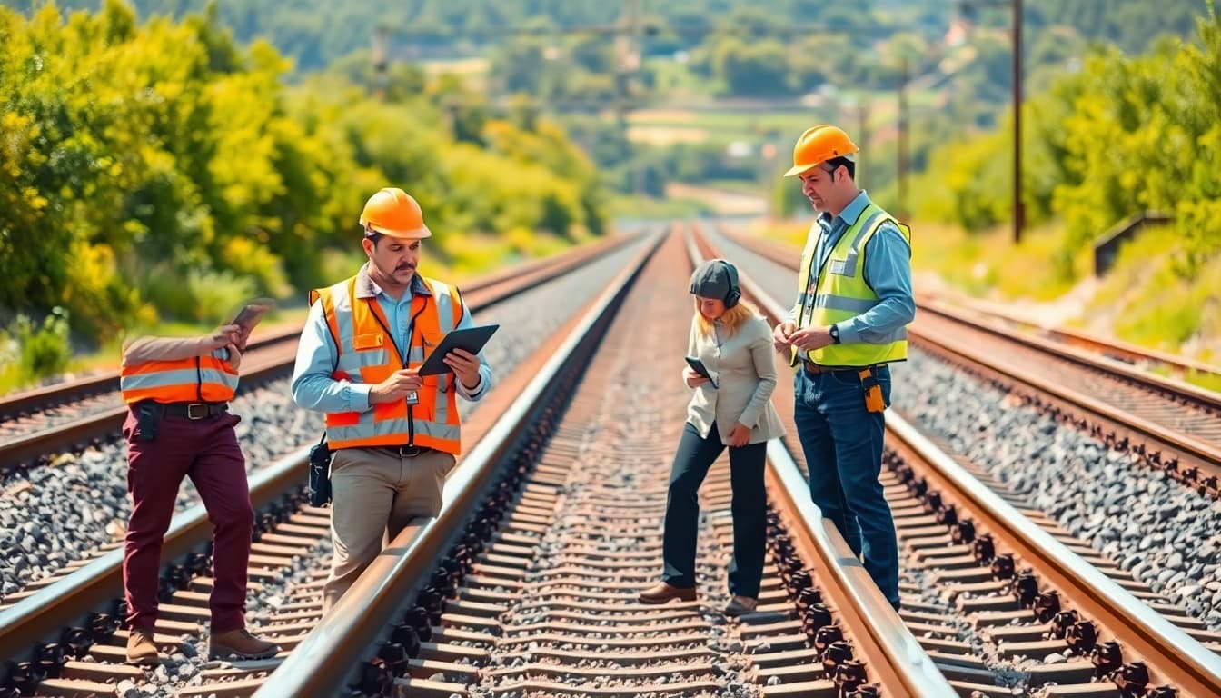 Track Inspectors Near Me reviewing railway safety, emphasizing professionalism and teamwork in a natural setting.