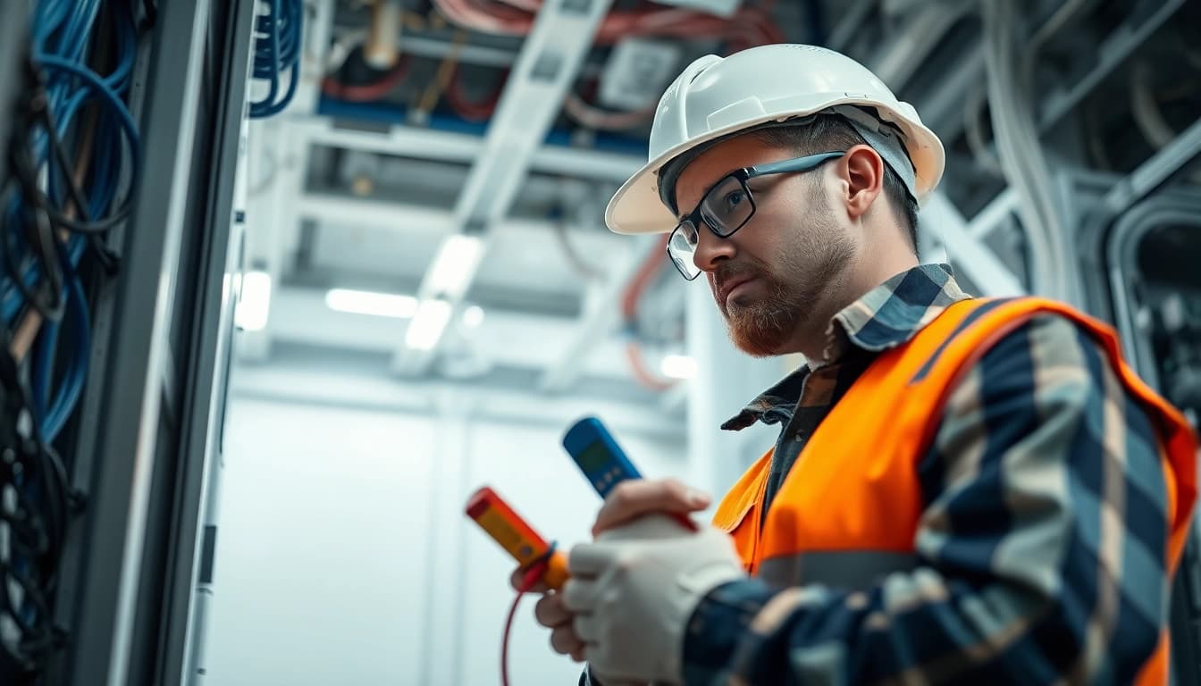 Electrician performing commercial electrical maintenance with safety gear, inspecting panels.