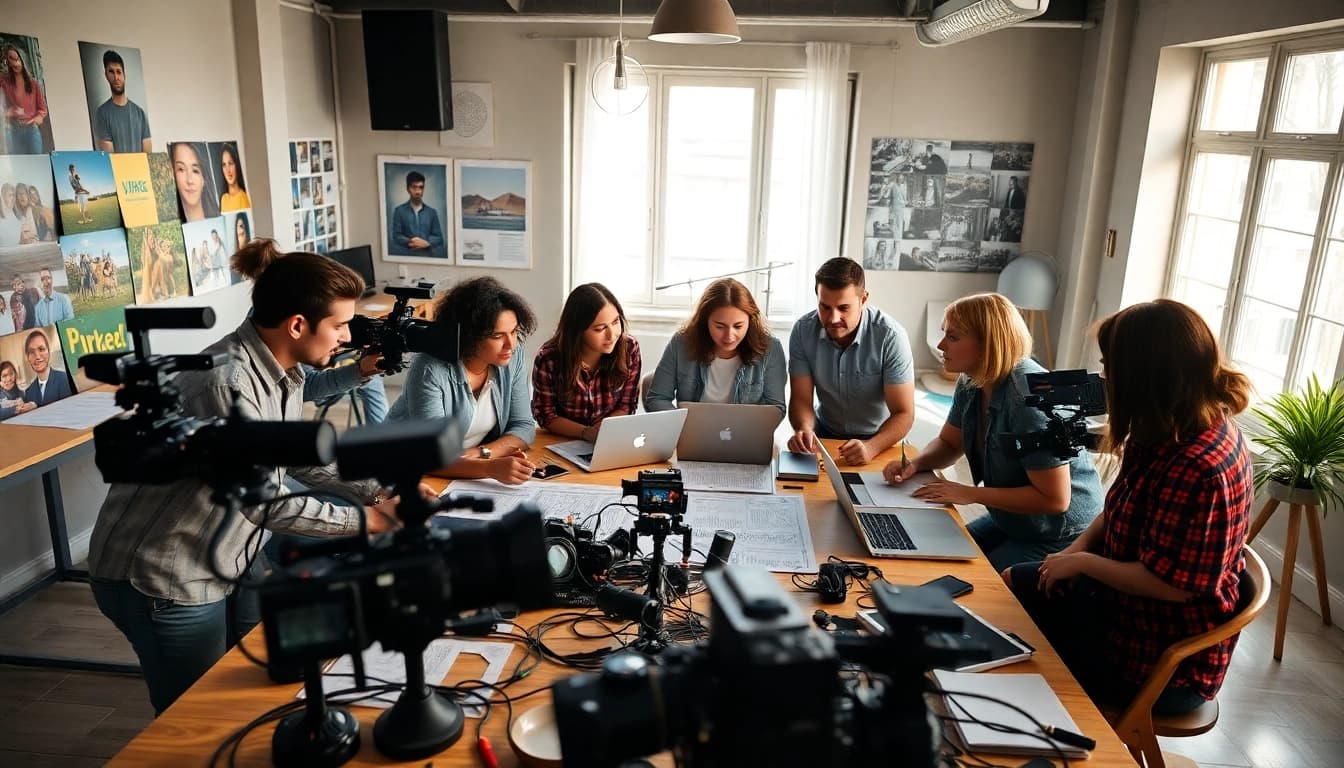 Collaborative atmosphere of a Creative Video Production Agency team brainstorming innovative video ideas.