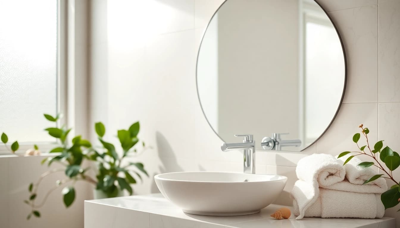 Elegant bathroom mirror reflecting a serene modern bathroom with warm pastel colors.