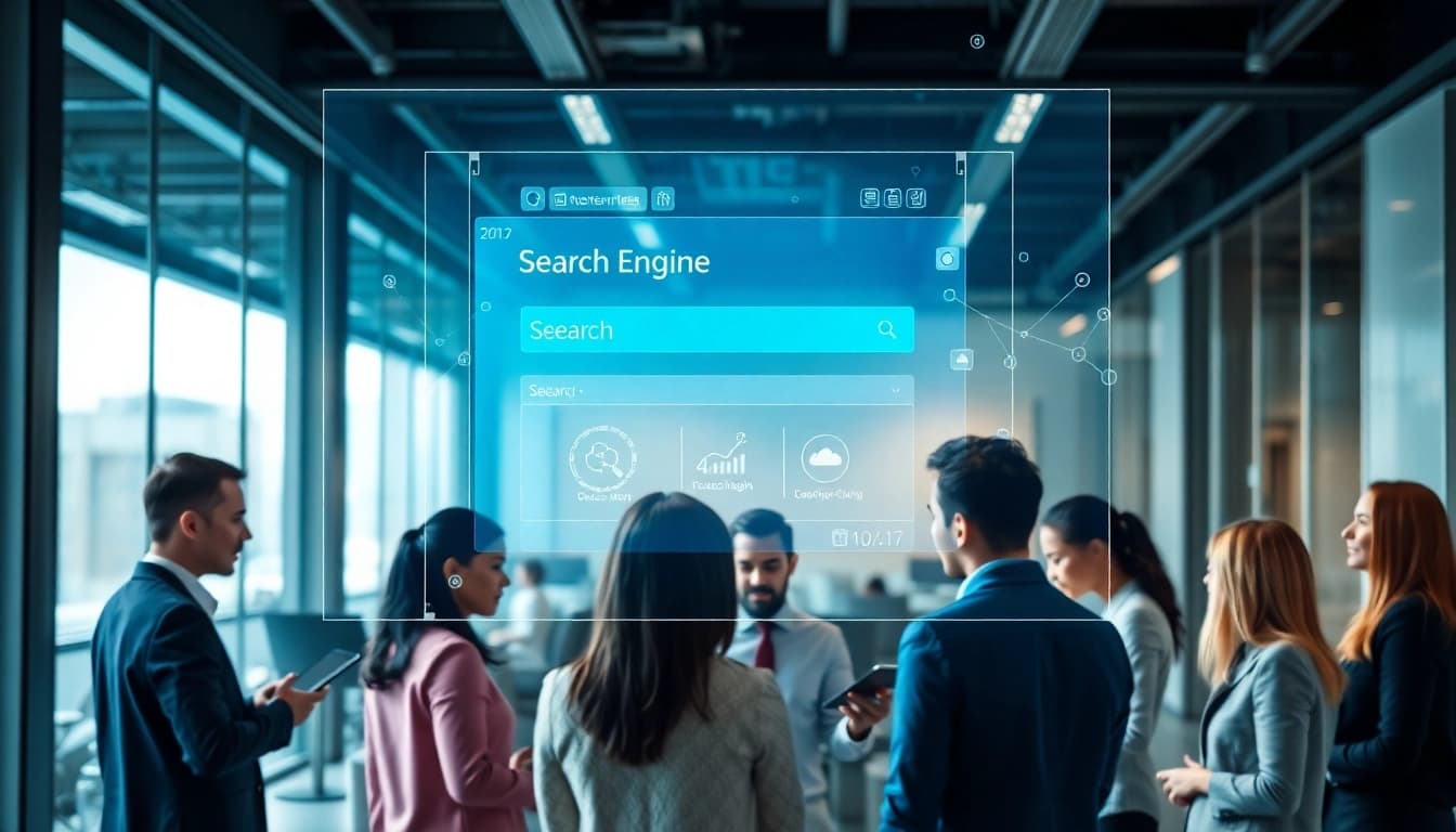 Showcasing the enterprise search engine interface, professionals collaborate in a modern tech workspace.