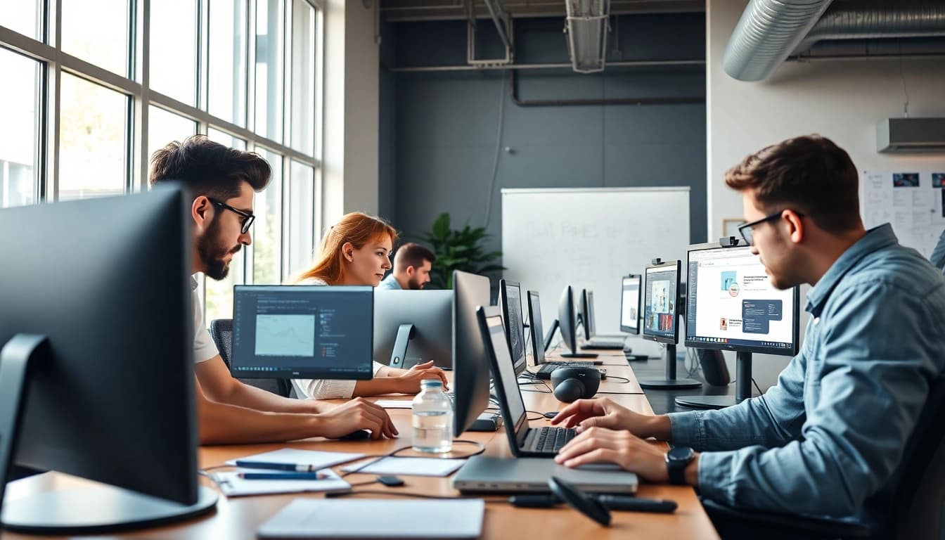 A vibrant scene showcasing a web development company team collaborating on projects.