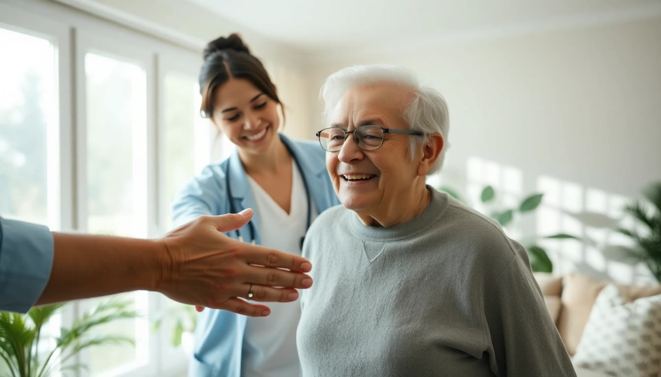 Caregiver providing in home senior care to a smiling elderly person in a cozy setting.