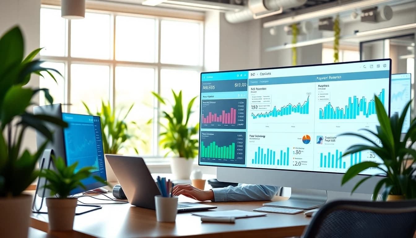 Analyze SEO data in a modern workspace with bright lighting and digital marketing tools.