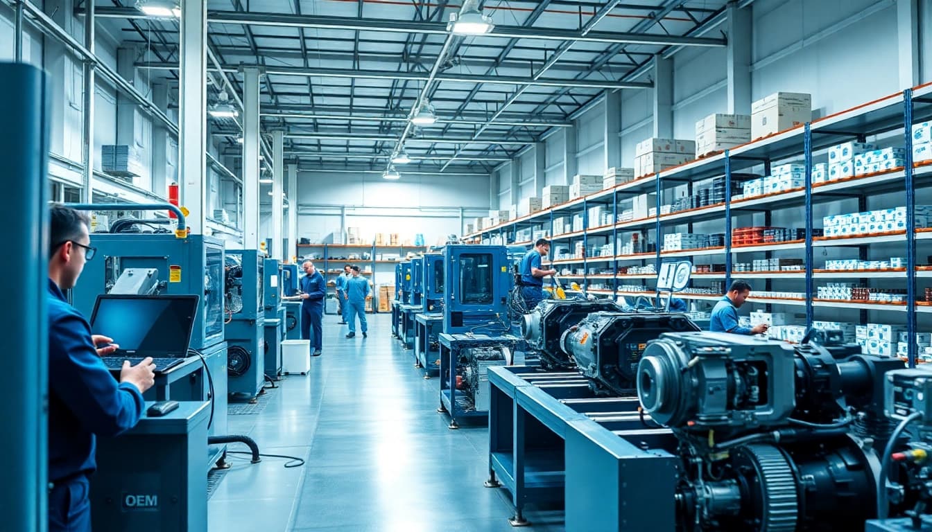 Showcasing an OEM production facility with advanced machinery and skilled technicians at work.
