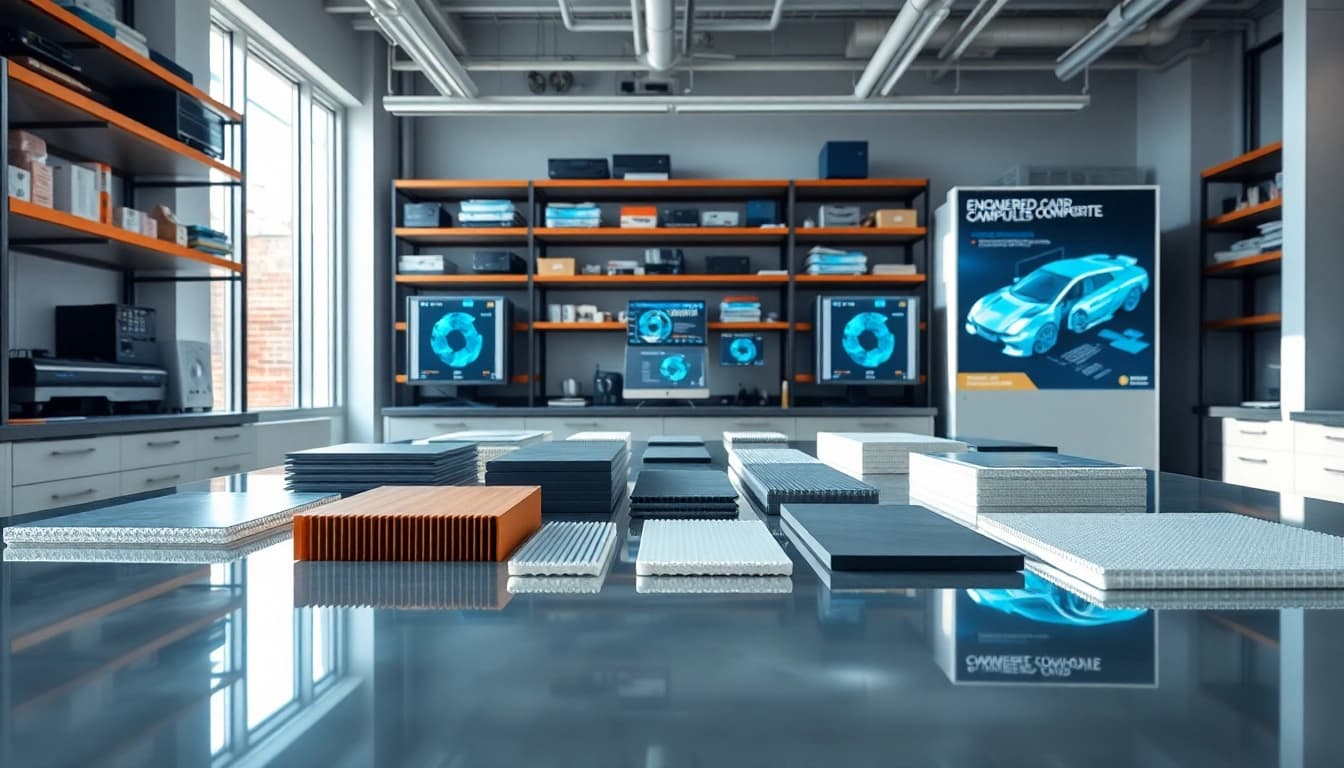 Showcase of engineered composites highlighting materials and innovation in a modern lab.