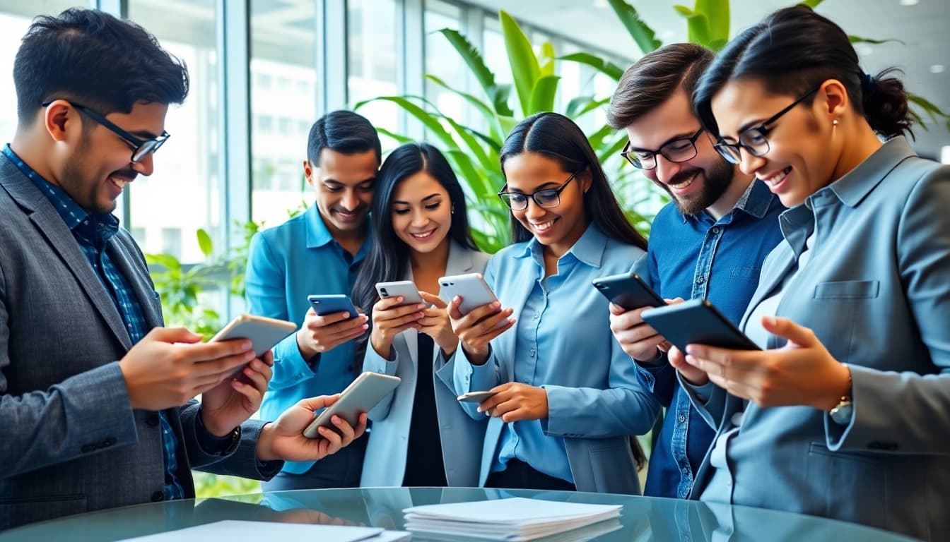Engaged team utilizing mobile crm solutions in a modern office environment.
