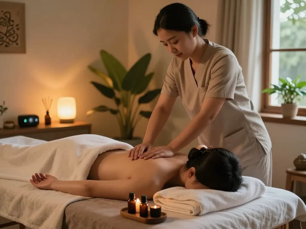 Relaxing wellness massage at home by www.maxim-anma.net with a professional therapist, soothing ambiance, essential oils and soft lighting.