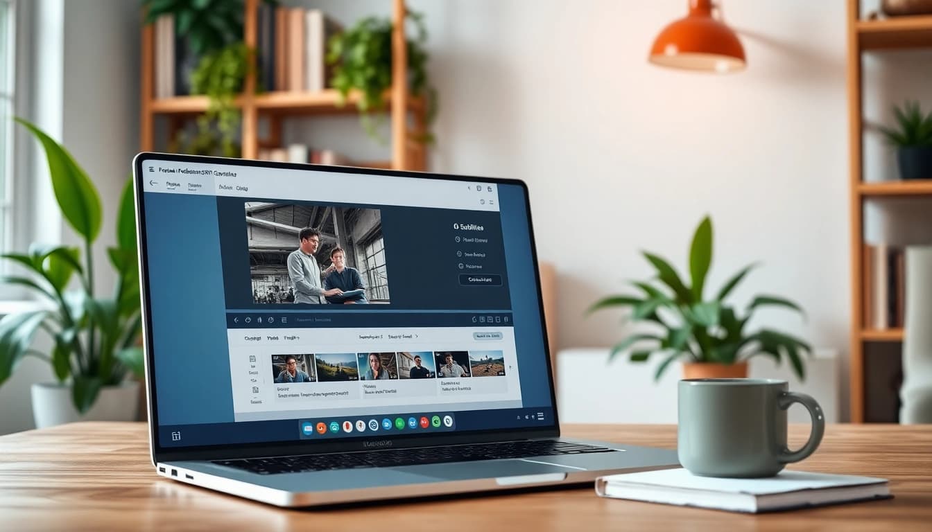 Generate subtitles seamlessly with the SRT Generator tool displayed on a stylish laptop.