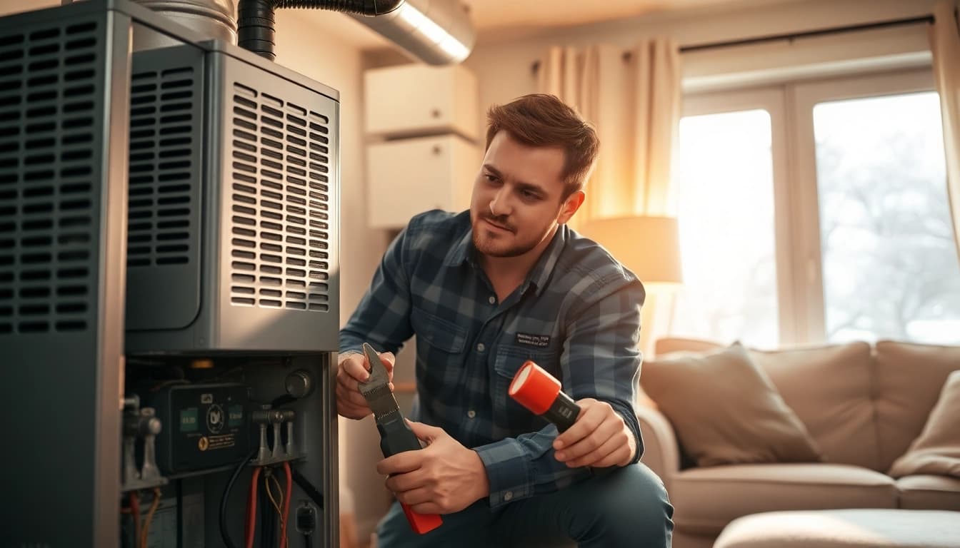 Technician providing HVAC services Minneapolis in a home setting with warmth and professionalism.