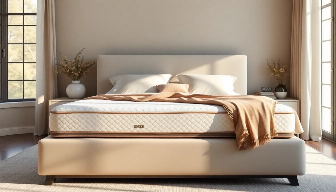 Luxurious stearns and foster base king mattress on a stylish bed frame in a serene bedroom setting.
