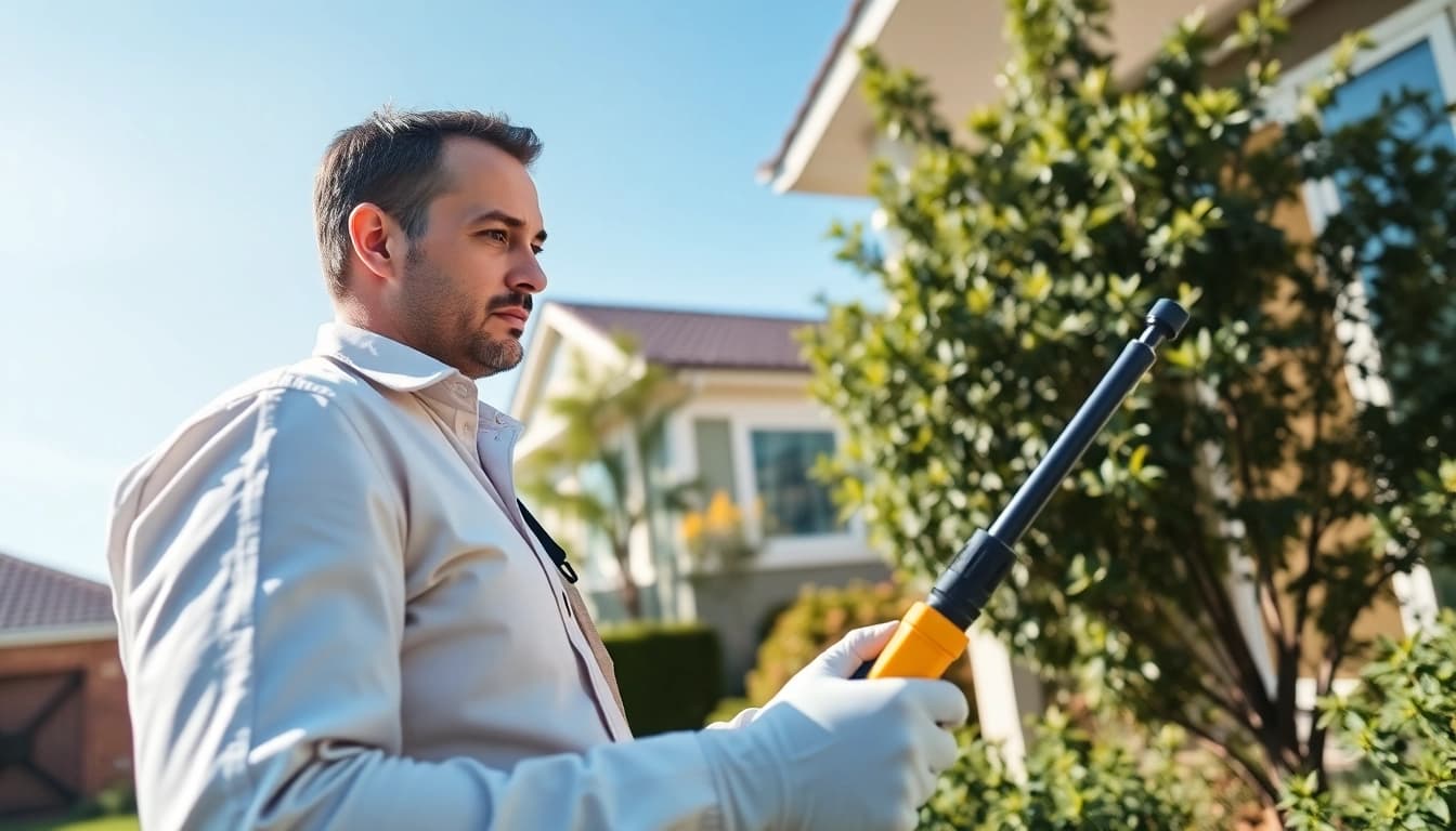 Request pest control quote with a professional technician inspecting a home garden.