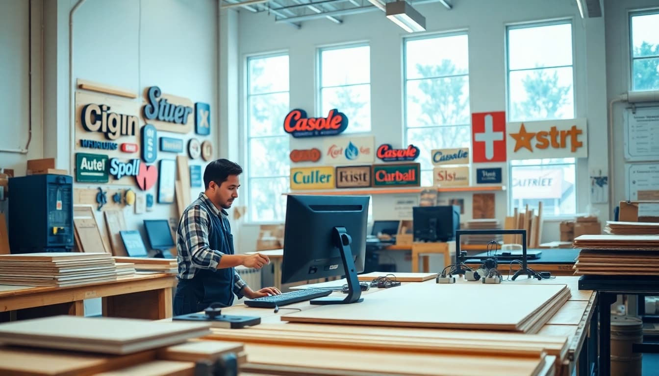 Crafting custom signs in a professional sign manufacturing workshop showcasing creative design.