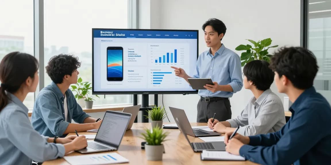 Team collaborating on cheap business mobile deals in a bright office.