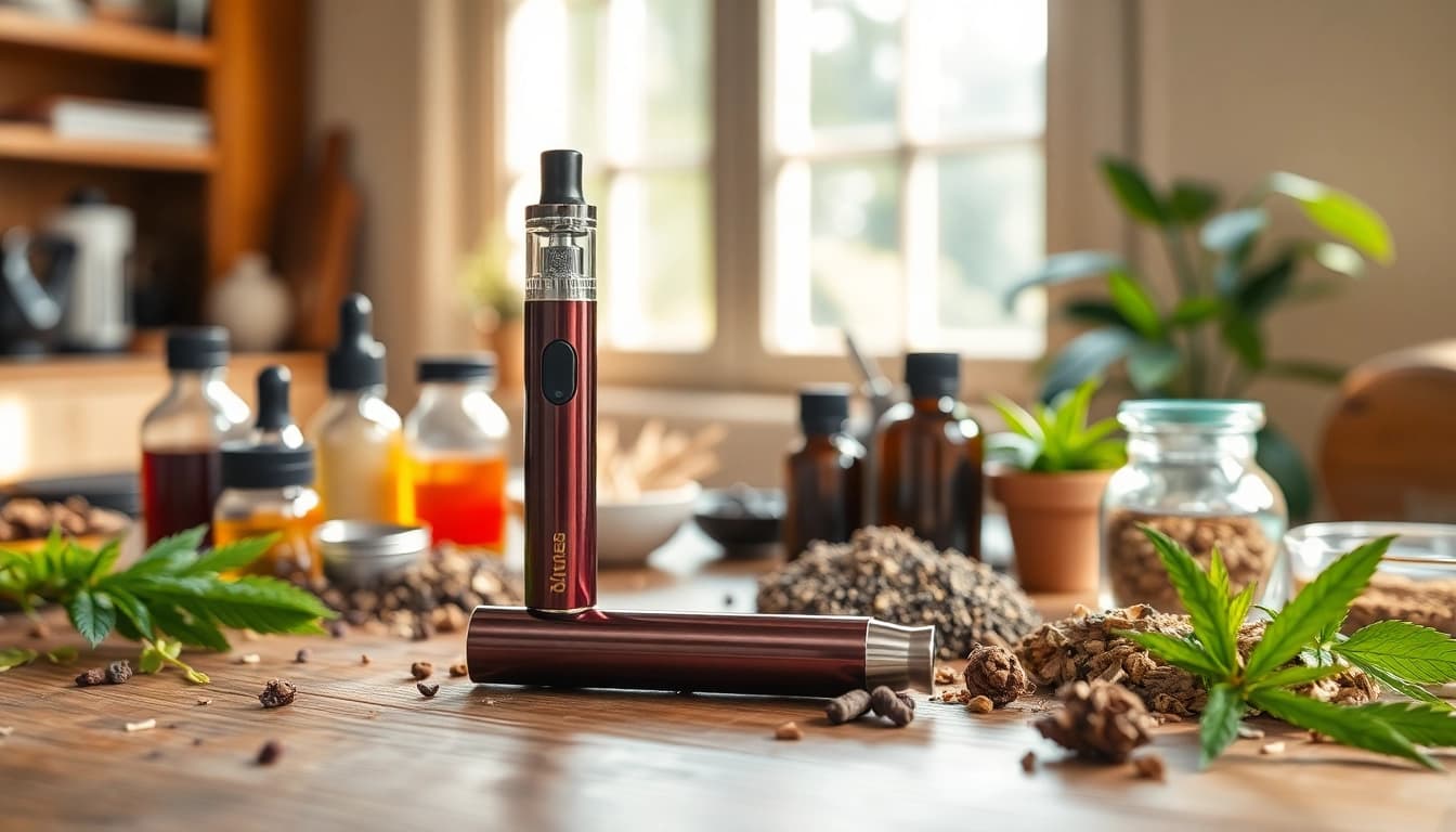 Stylish Vape Pen alongside flavored oils on a table, showcasing premium design and functionality.
