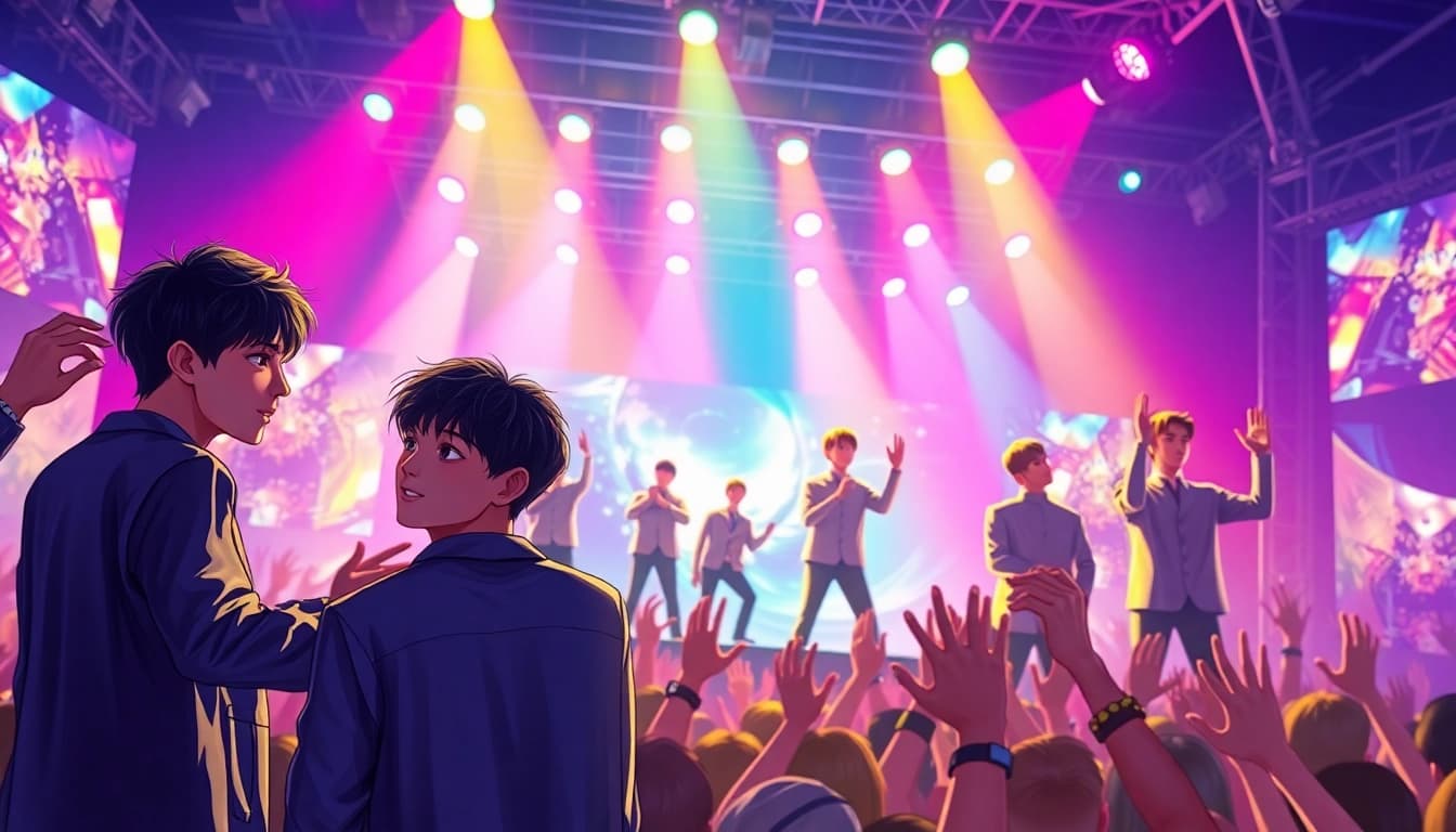 BTS members perform energetically in a vibrant concert scene, connecting with fans.
