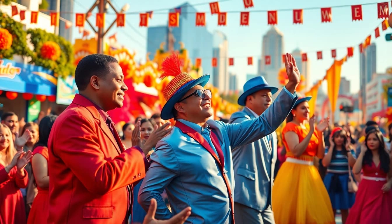 Catch vibrant entertainers performing at a festival, showcasing the spirit of https://tcspecialentertainment4u.com through lively costumes.