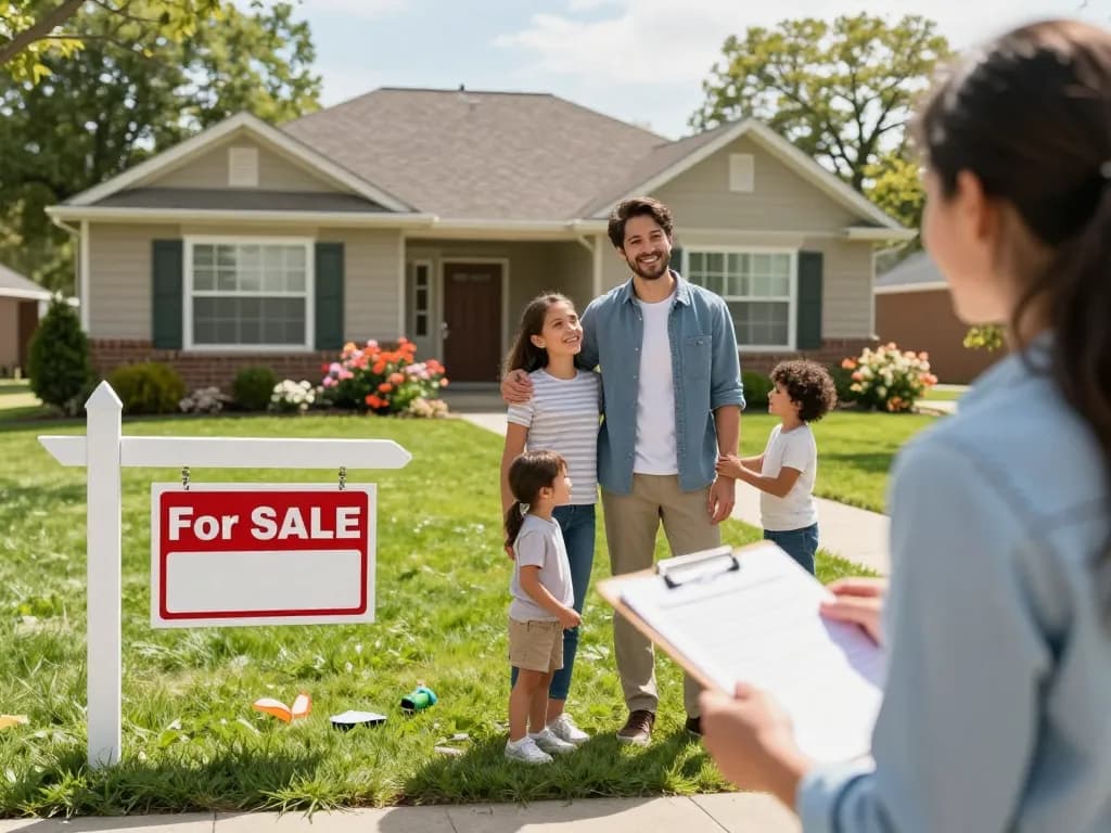 Cash home buyers engaging with a family in front of a home, highlighting positive real estate transactions.
