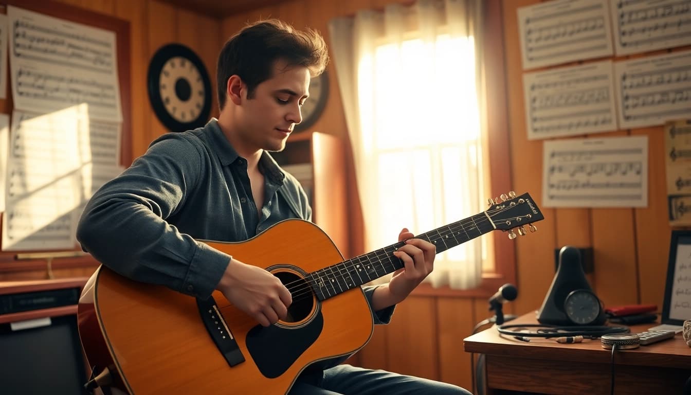 Experience tailored guitar lessons with https://guitarlessons.co.uk, featuring an engaged guitarist in a cozy studio.