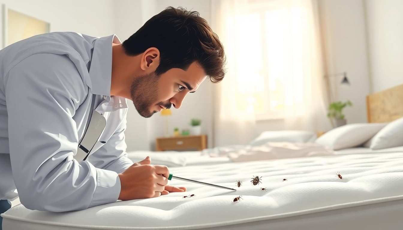 Inspecting for bed bugs at https://affordablebedbugexterminators.com with a professional expert in a clean room.