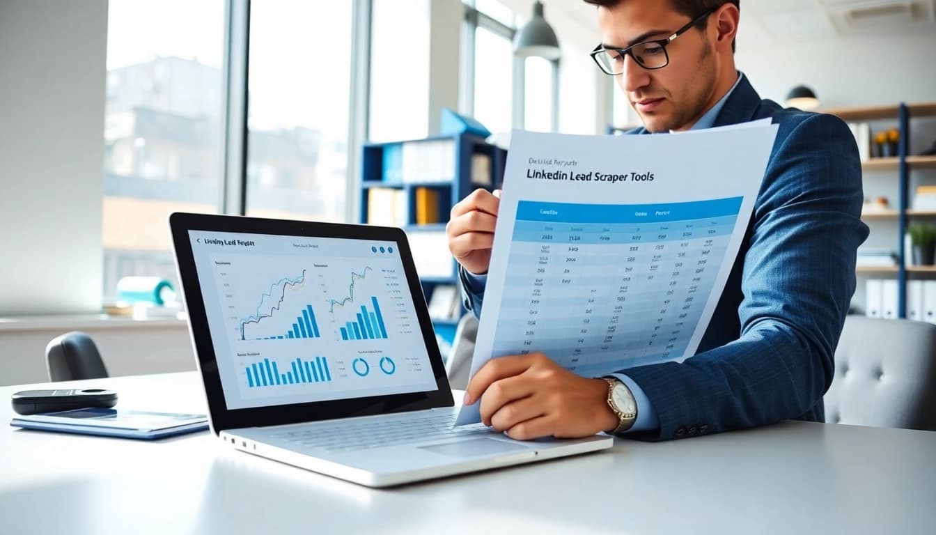 Compare linkedin lead scraper pricing in a modern office setting with analytical tools.