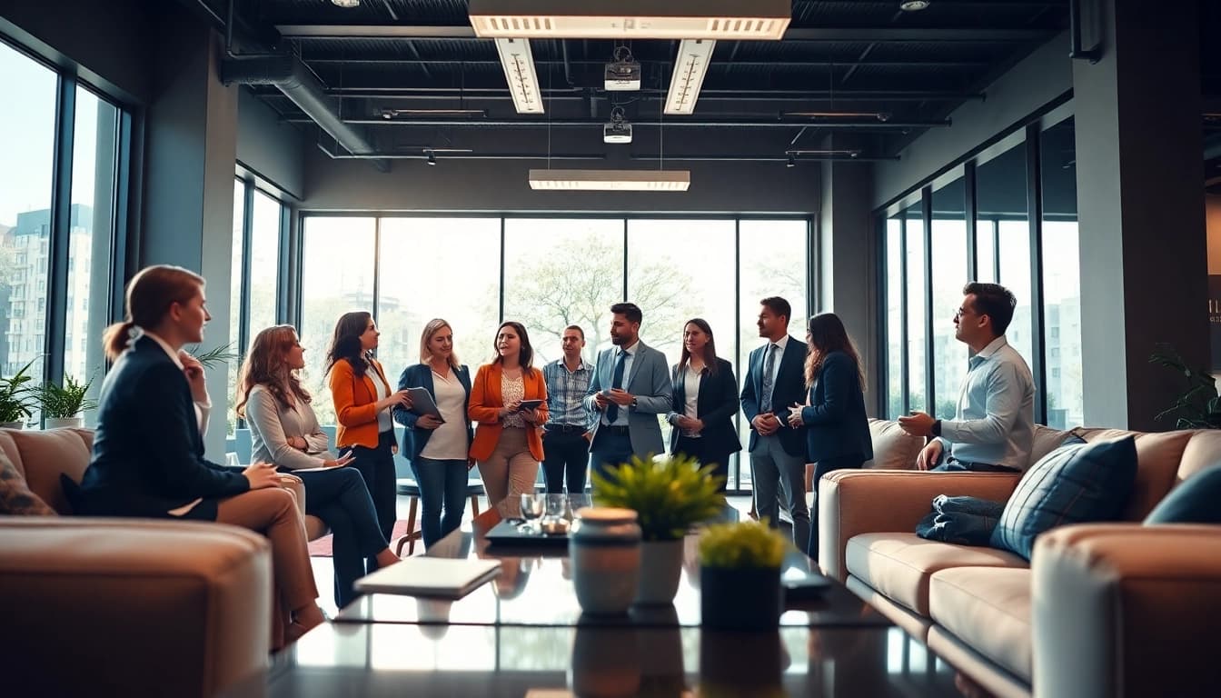 Engaged team collaborating to hire commission sales reps in a modern office setting.