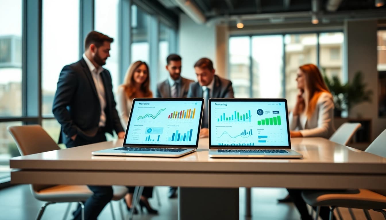 Marketing Agency team collaborating in a modern office setting with vibrant analytics.