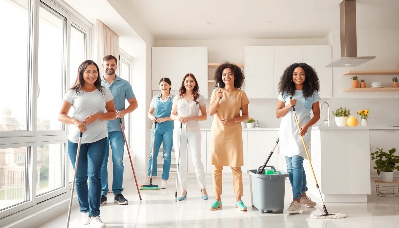 Showcasing a professional cleaning service team working in a bright home environment.