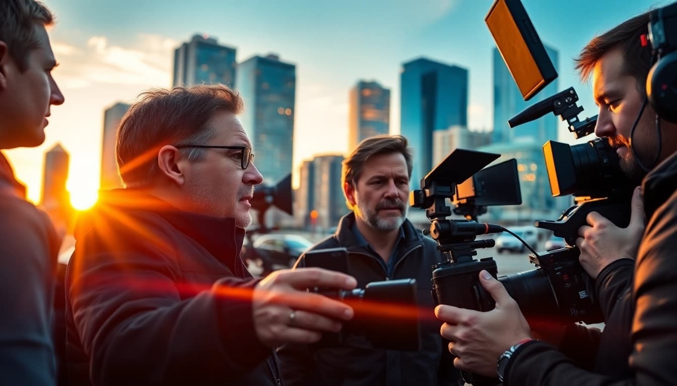 Engaging scene of edmonton production companies collaborating on a film project in a vibrant urban environment