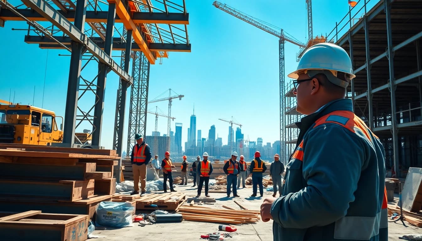 New Jersey Commercial General Contractor overseeing a busy construction site, showcasing teamwork and project management.