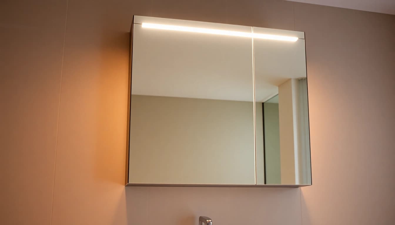 Praktischer Spiegelschrank mit LED Beleuchtung bietet modernes Design und Stauraum für Ihr Bad.