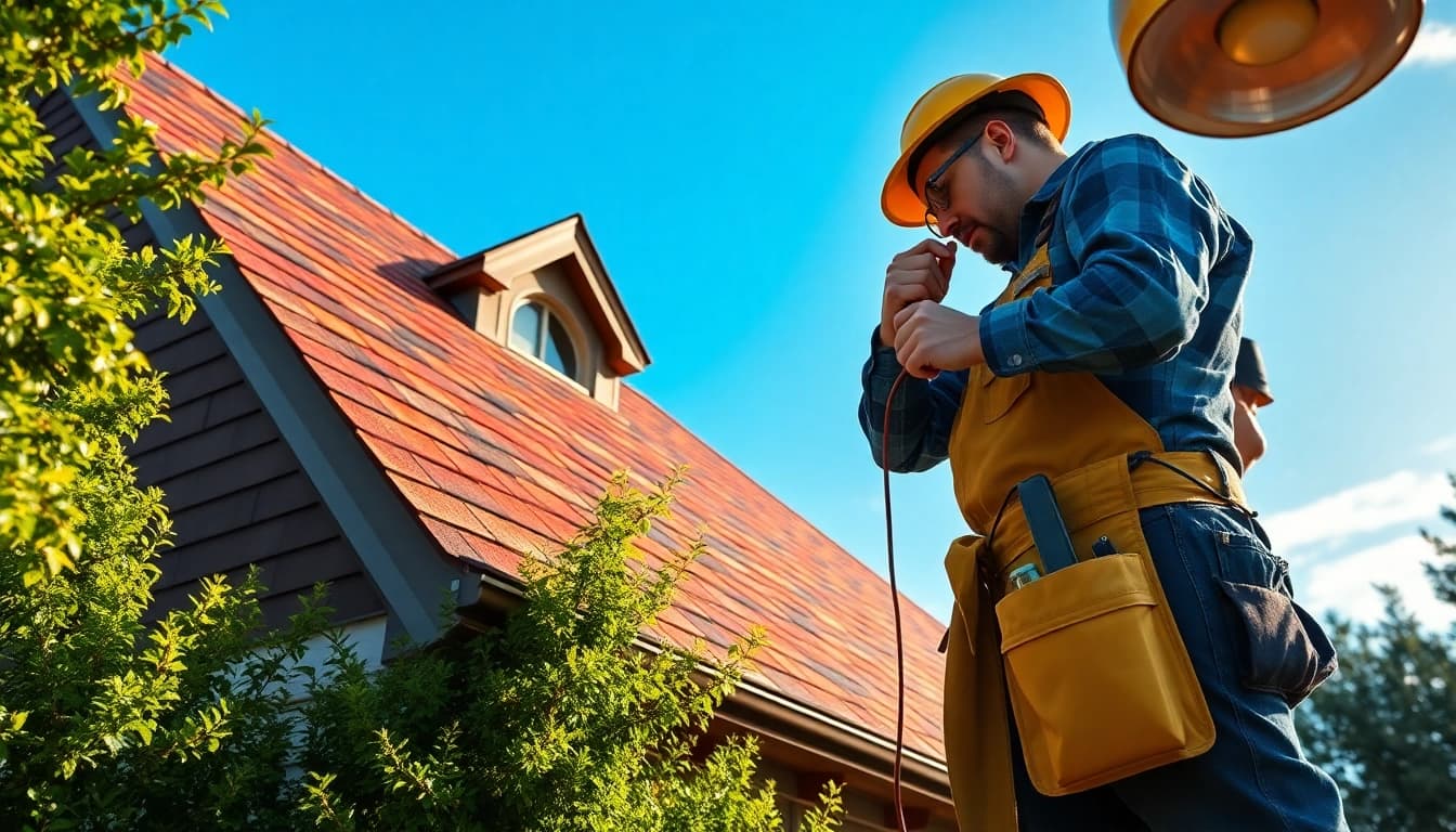 Roof repair professional inspecting shingles on a sunny day.