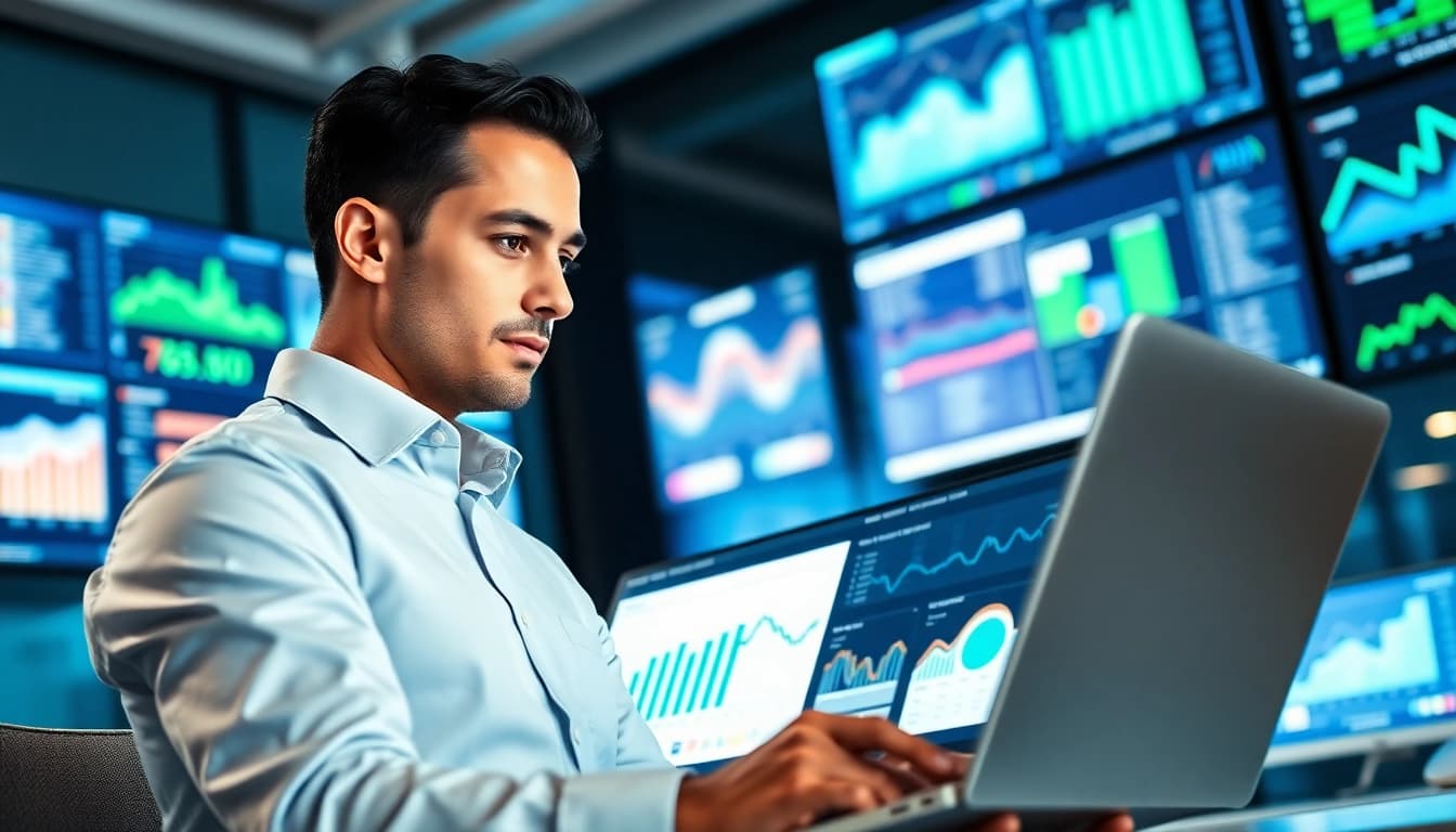 Digital marketing strategist analyzing performance metrics in a modern office environment