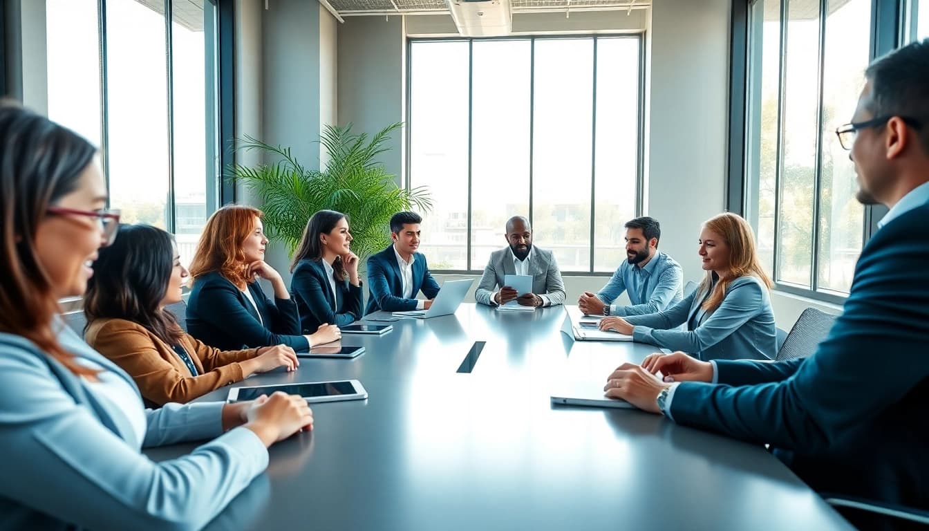 Business professionals strategizing in a modern office, demonstrating teamwork and innovation.