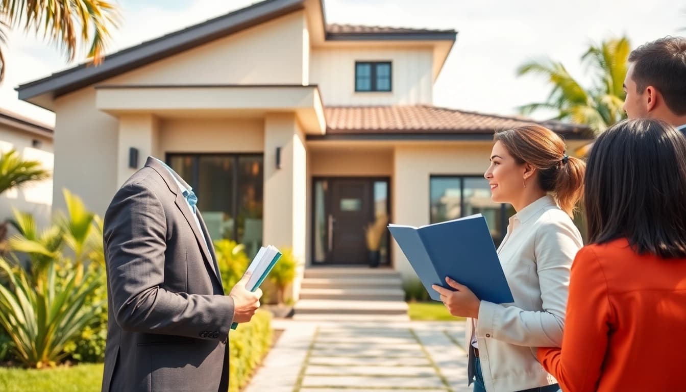 Highlighting a real estate agent engaging with clients outside a charming home.