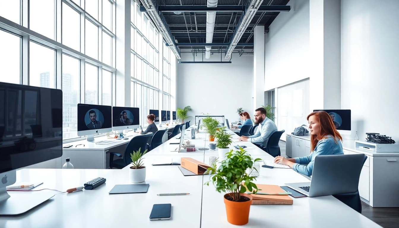 Webdesign Agentur, die kreativ in einem modernen Büro zusammenarbeitet.