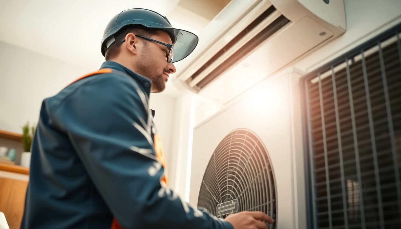 Technician maintaining HVAC system for https://nobleheatingairservices.com at a cozy home environment.