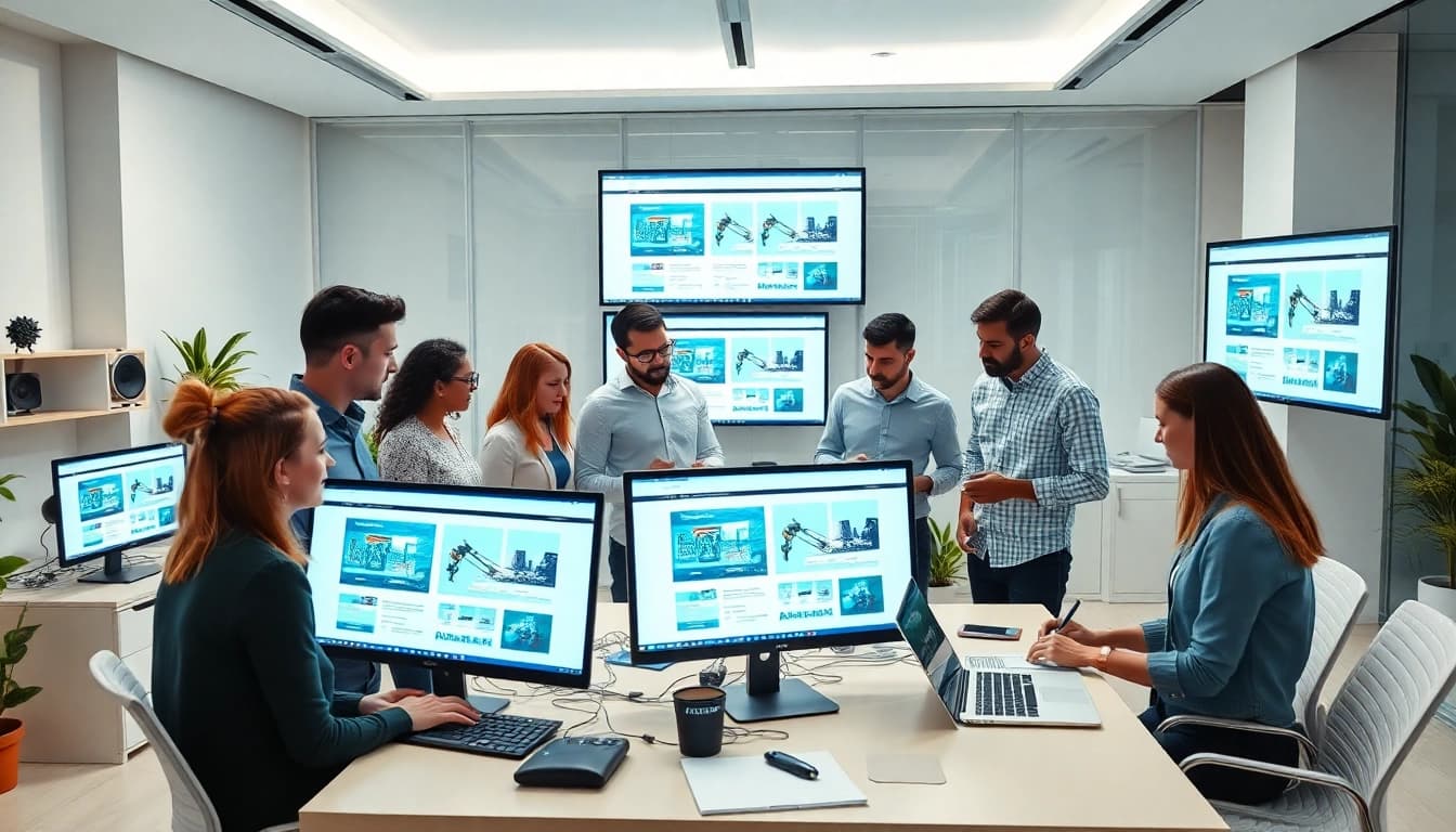 Thiết kế website services showcasing a modern web design studio environment with collaborative professionals.
