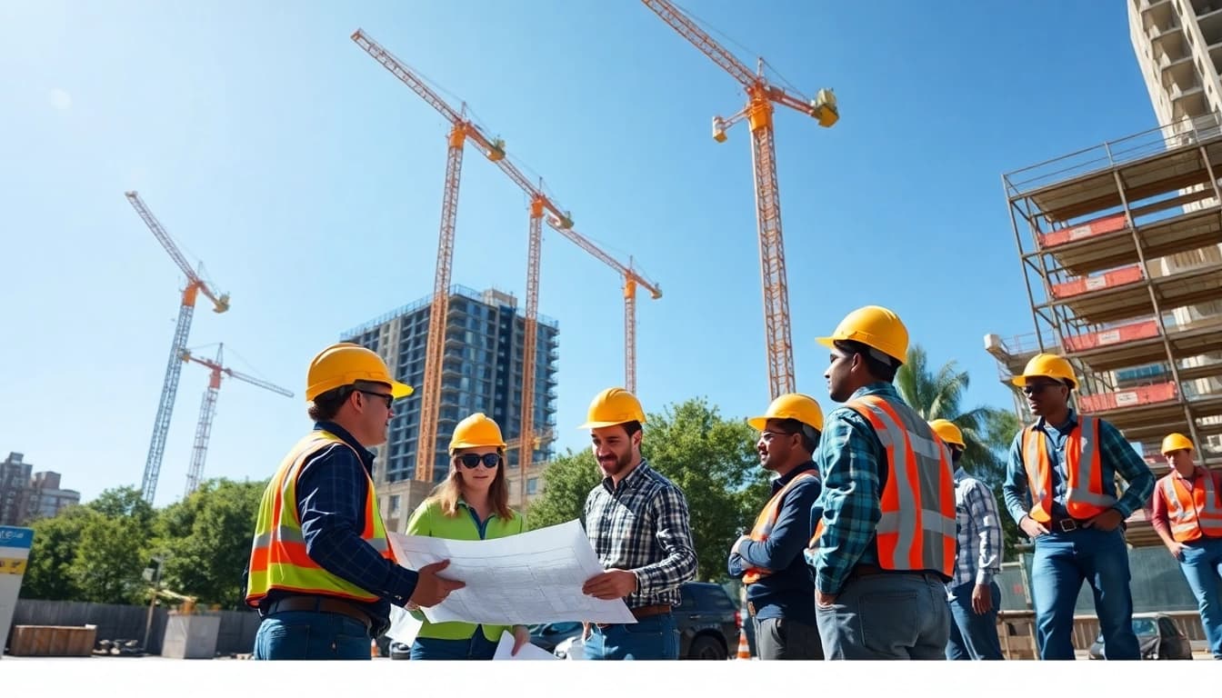 New York City Commercial General Contractor managing a busy construction site with various workers.