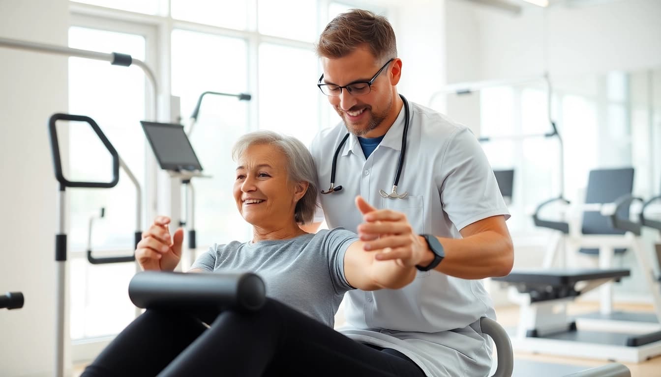 Health in Motion Rehabilitation session highlighting a therapist supporting a patient in recovery.