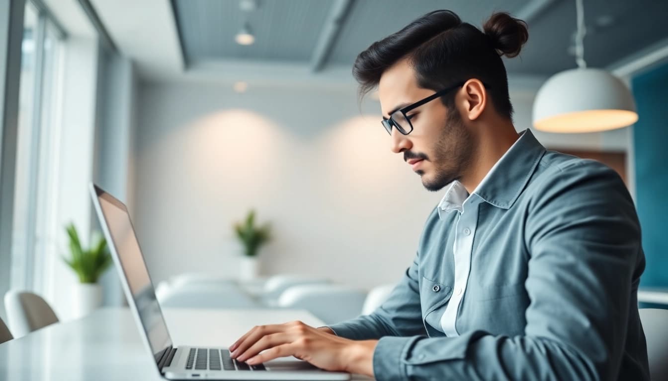 Utilizing a linkedin email finder tool on a sleek laptop in a modern office environment.