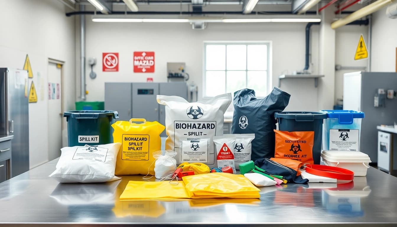 Showcase of a biohazard spill kit Kenya emphasizing safety equipment and containment solutions.