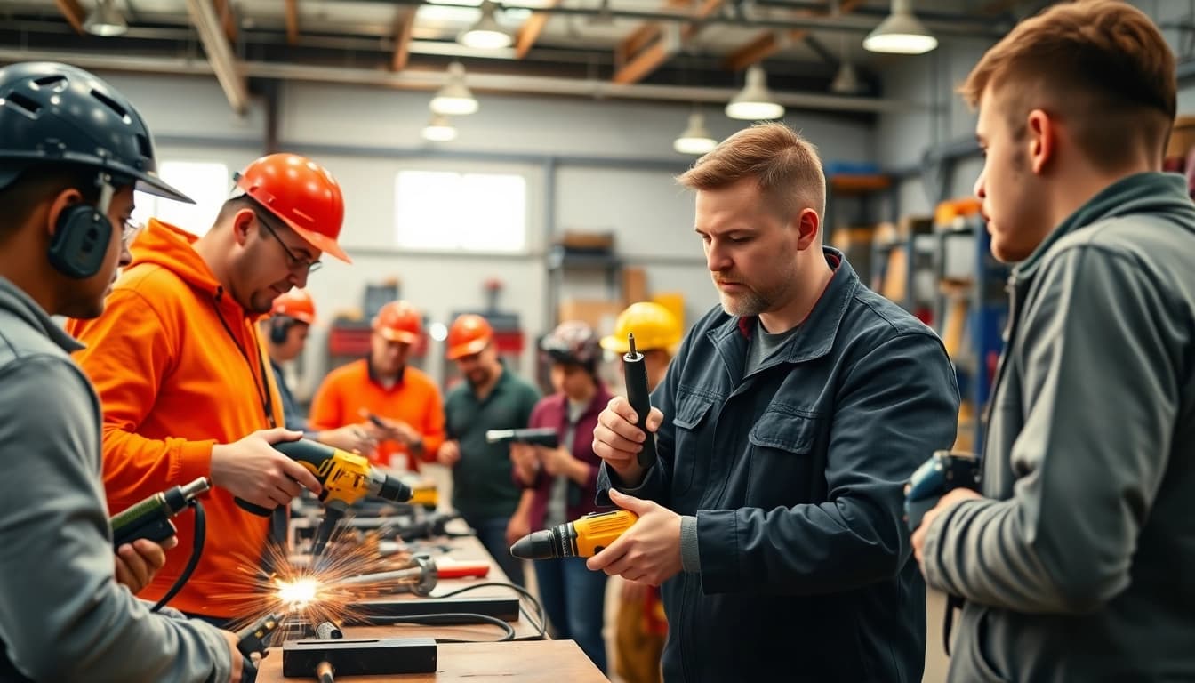 Skilled trades training in action with instructors guiding students using tools.
