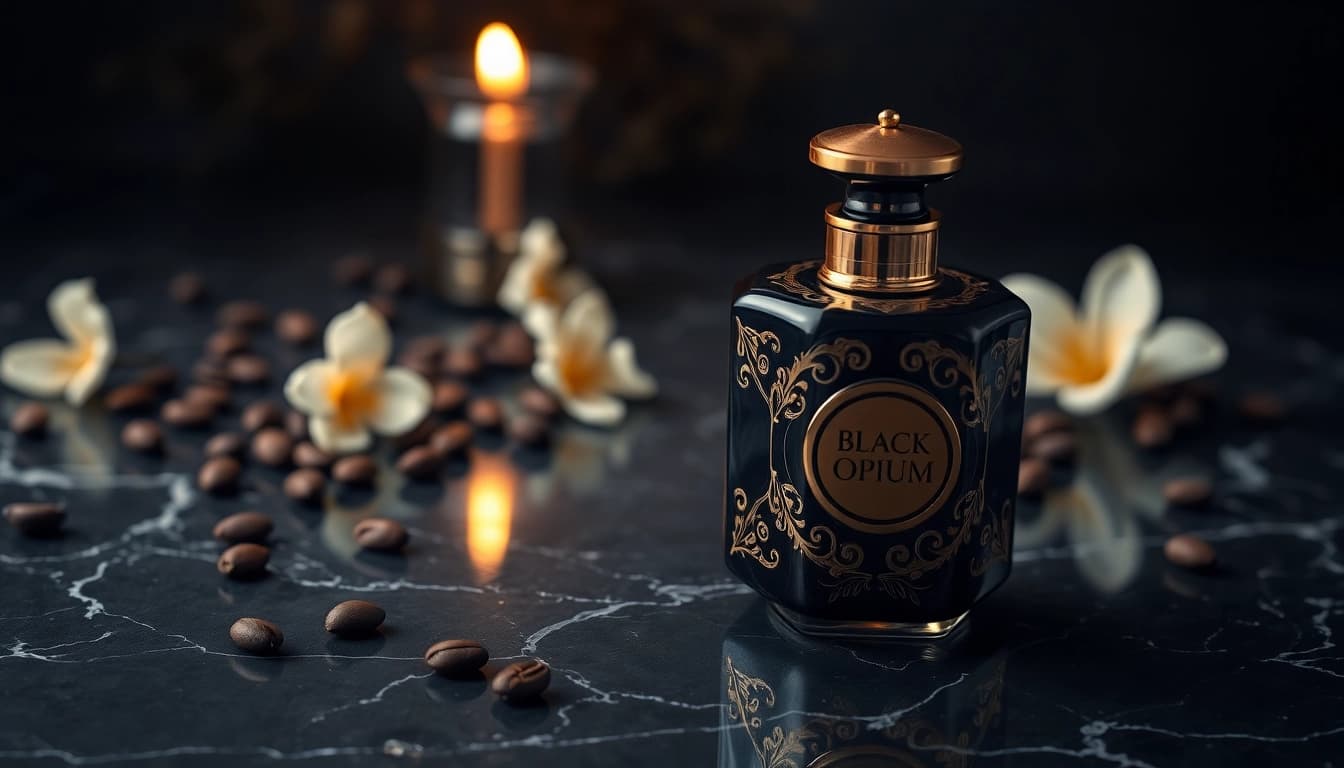 Admire the exquisite black opium perfume bottle highlighting its luxurious design.