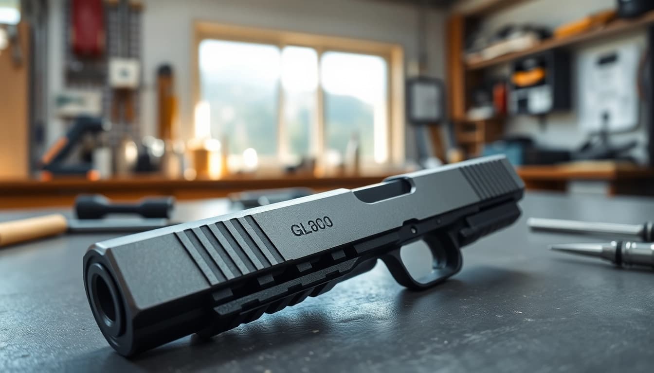 Buy Glock 19 slide showcased on a workshop table with tools emphasizing craftsmanship.