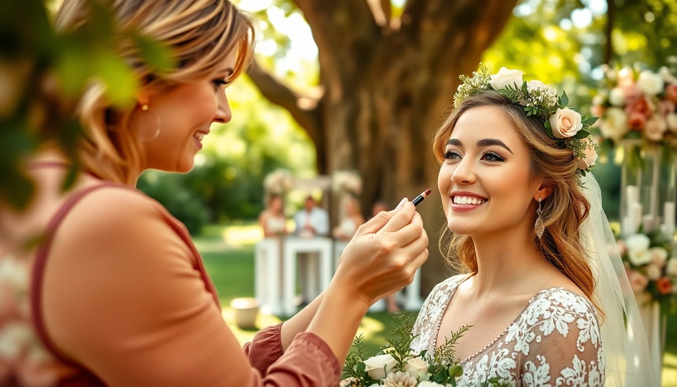 Traveling makeup artist providing on-location makeup services at a wedding.